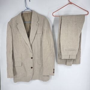 Vintage J CREW Irish Linen SUIT 42L Jacket & 33x30 Pants Khaki Tan 100%